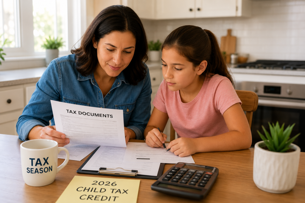 Parent and child reviewing tax documents for the Child Tax Credit 2026 .