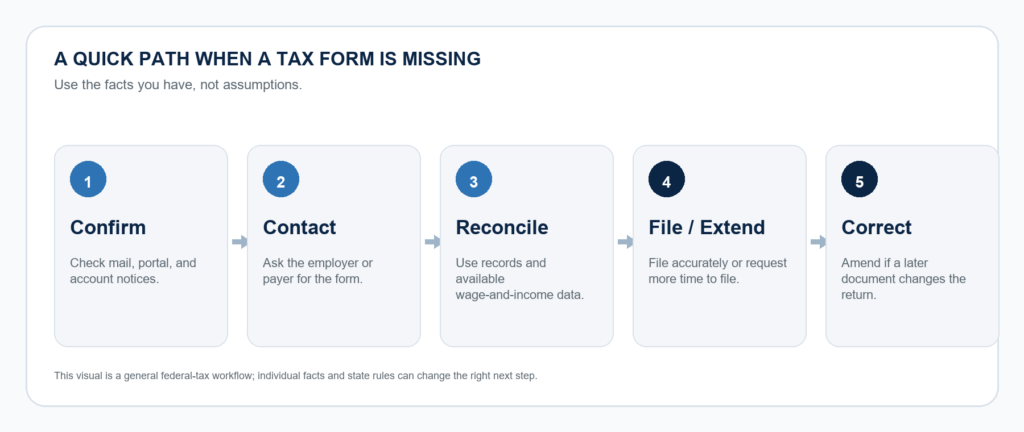 a general action map for resolving a missing tax document.