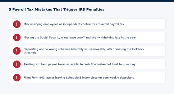 Five reporting and deposit mistakes that commonly draw IRS scrutiny.